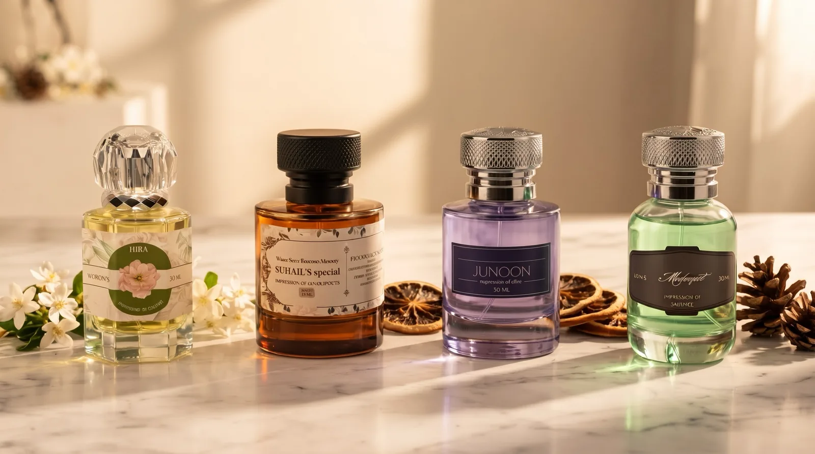Hiba, Suhail's Special, Junoon and Mulaqat bottles lined up on white marble in warm window light, among white jasmine sprigs, dried orange slices and pine cones.