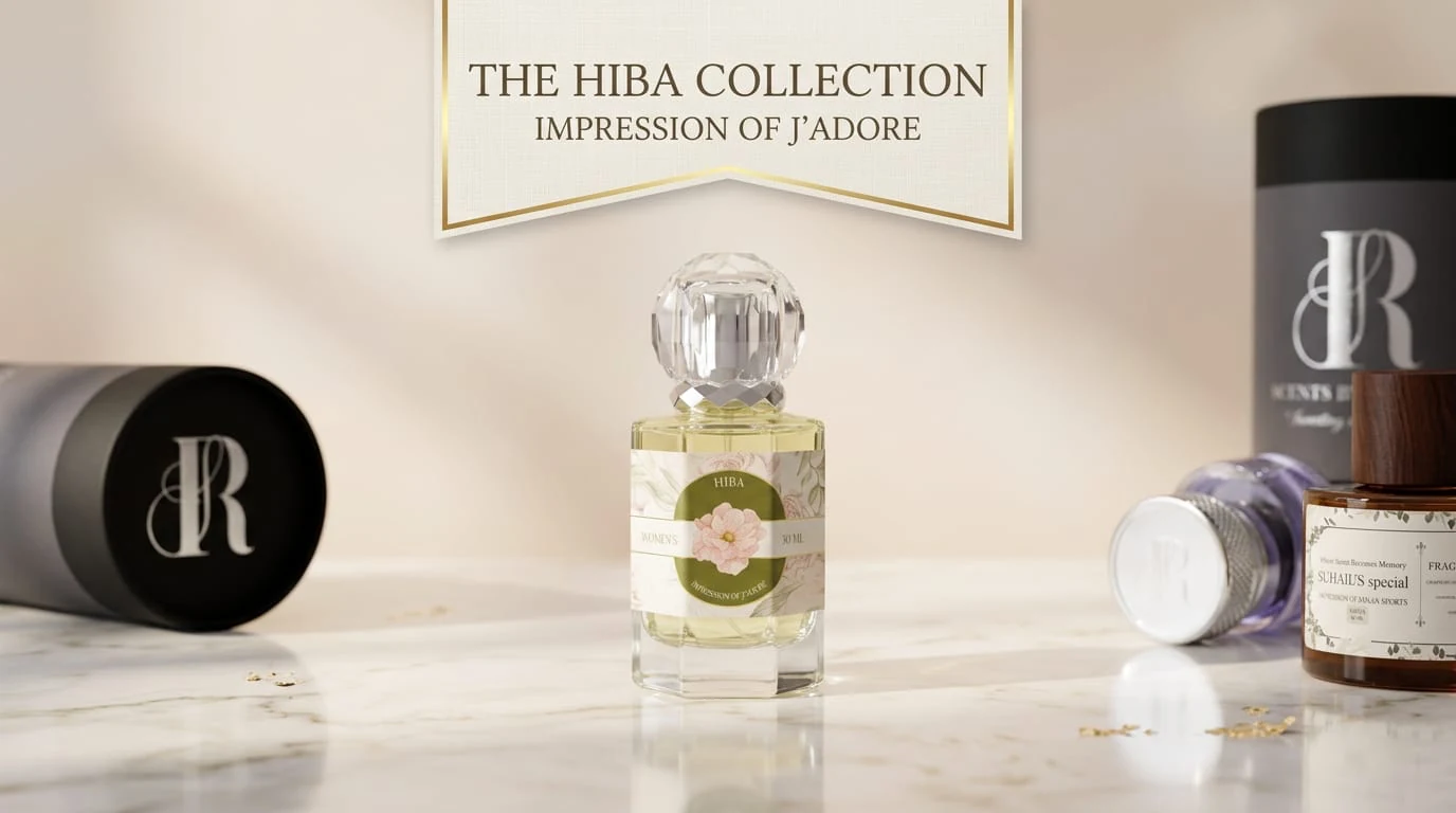 The Hiba Collection — impression of J'adore. The Hiba bottle with its crystal cap and floral label on pale marble, flanked by Scents by Results tube boxes and gold flakes.