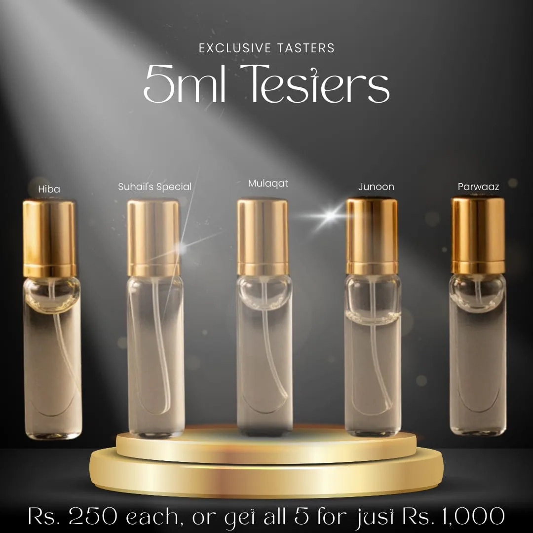 Exclusive tasters: 5ml Testers. Five slim glass spray vials with gold caps, labelled Hiba, Suhail's Special, Mulaqat, Junoon and Parwaaz, stand on a gold podium under a spotlight against a dark backdrop. Rs. 250 each, or get all 5 for just Rs. 1,000.