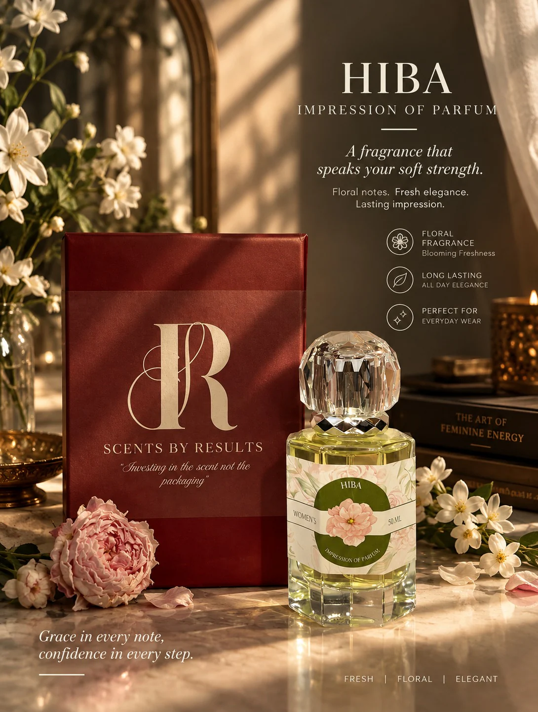 Hiba, impression of Parfum. A fragrance that speaks your soft strength. Floral notes. Fresh elegance. Lasting impression. Floral fragrance: blooming freshness. Long lasting: all day elegance. Perfect for everyday wear. Grace in every note, confidence in every step. Fresh, floral, elegant. The Hiba bottle with its faceted crystal cap and green floral label reading Impression of Parfum stands before a deep red Scents by Results box, among white jasmine, a pink peony and petals, a candle and books, in warm afternoon light.