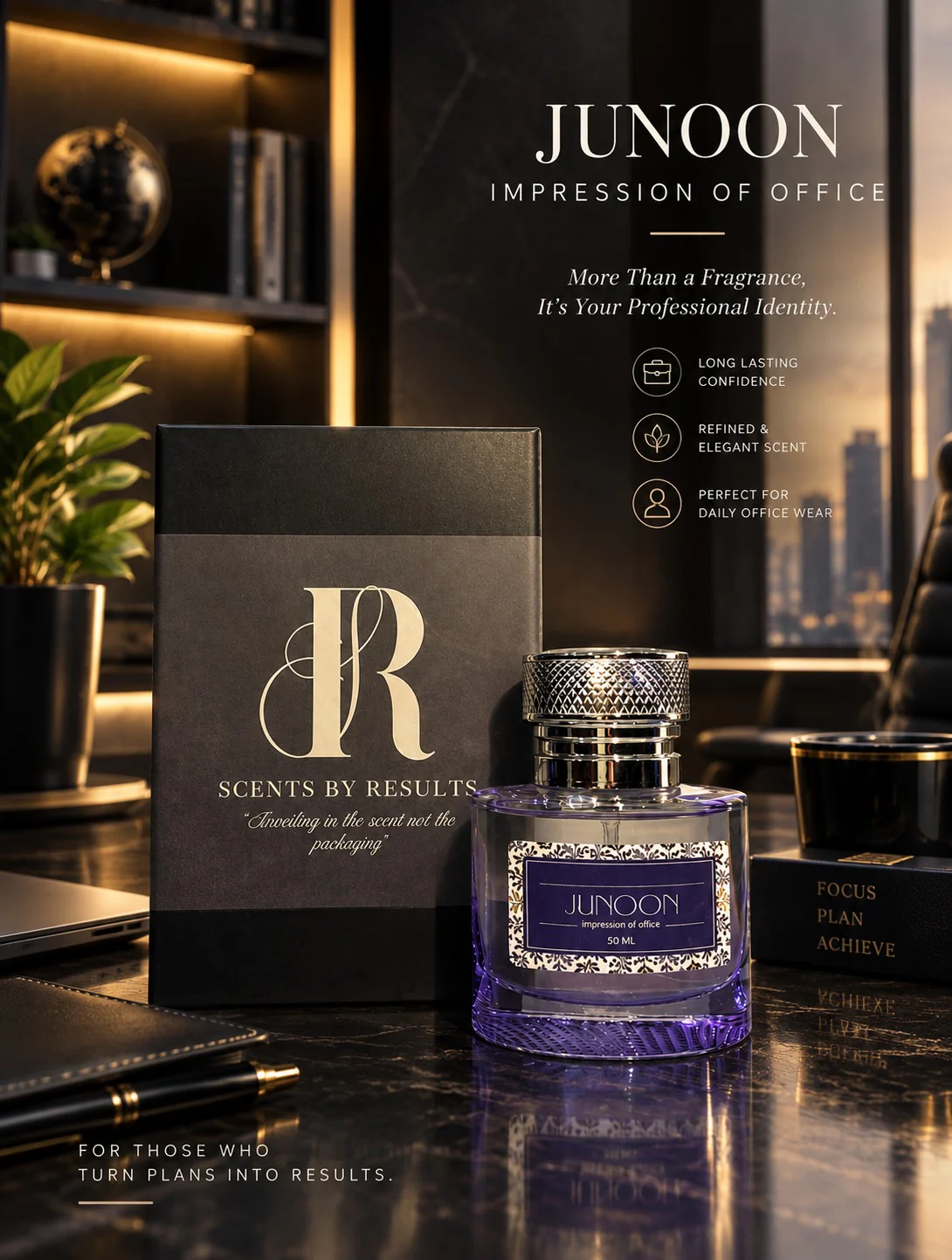 Junoon, impression of Office. More than a fragrance, it's your professional identity. Long lasting confidence. Refined and elegant scent. Perfect for daily office wear. For those who turn plans into results. The violet Junoon bottle and its black Scents by Results box stand on a dark marble desk beside a notebook, pen and a book reading Focus, Plan, Achieve, with a city skyline at dusk through the window.