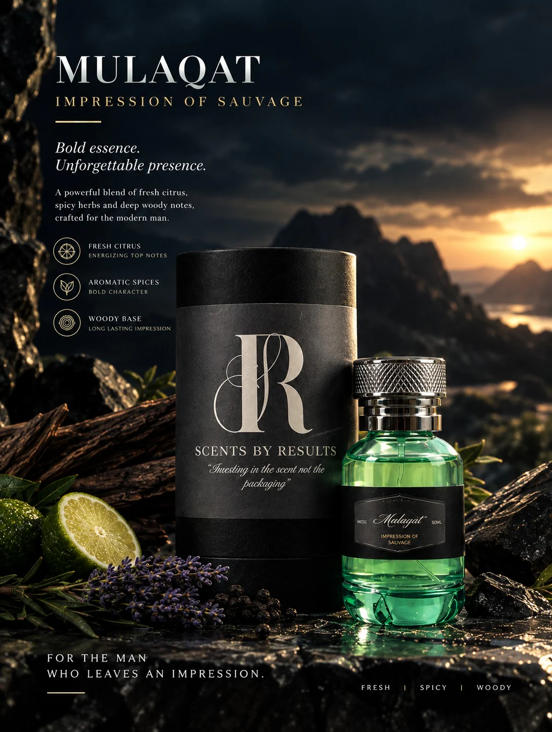 Mulaqat, impression of Sauvage. Bold essence. Unforgettable presence. A powerful blend of fresh citrus, spicy herbs and deep woody notes, crafted for the modern man. Fresh citrus: energizing top notes. Aromatic spices: bold character. Woody base: long lasting impression. For the man who leaves an impression. Fresh, spicy, woody. The green Mulaqat bottle and its black Scents by Results tube stand on dark rock among driftwood, lime halves, lavender and peppercorns, before mountains at sunset.