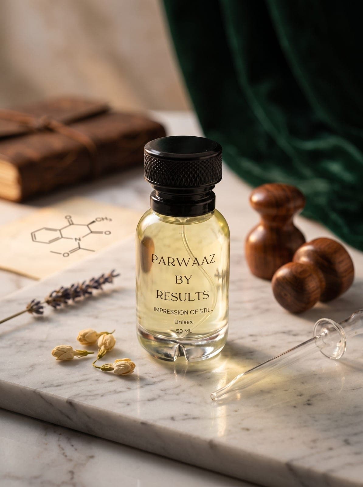 Parwaaz 50ml bottle of pale golden juice under a black knurled cap, its label reading Parwaaz by Results, impression of Still, Unisex, on white marble with jasmine buds, lavender and a glass dropper, before a green velvet curtain.
